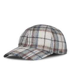 A Wigéns Beige Ferla Wool Checked Baseball Cap showcases a stylish pattern with a blend of white, brown, and blue shades.