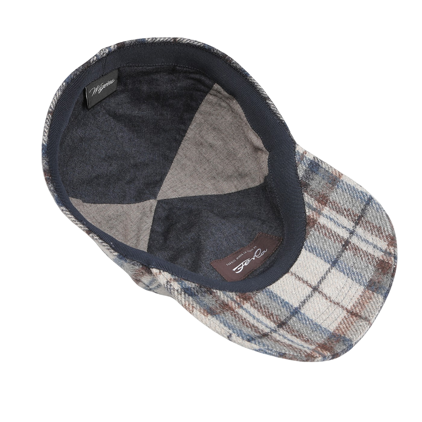 A Wigéns baseball cap with a checked pattern in shades of blue, brown, and beige is crafted from fine Italian Ferla wool, elegantly revealing the inside lining.