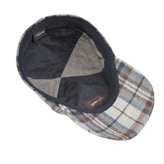 A Wigéns baseball cap with a checked pattern in shades of blue, brown, and beige is crafted from fine Italian Ferla wool, elegantly revealing the inside lining.