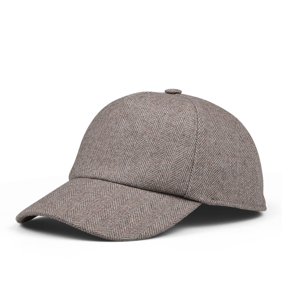 A high-quality Wigéns beige herringbone-patterned Angelico wool baseball cap with an adjustable strap, displayed against a white background.