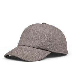 A high-quality Wigéns beige herringbone-patterned Angelico wool baseball cap with an adjustable strap, displayed against a white background.