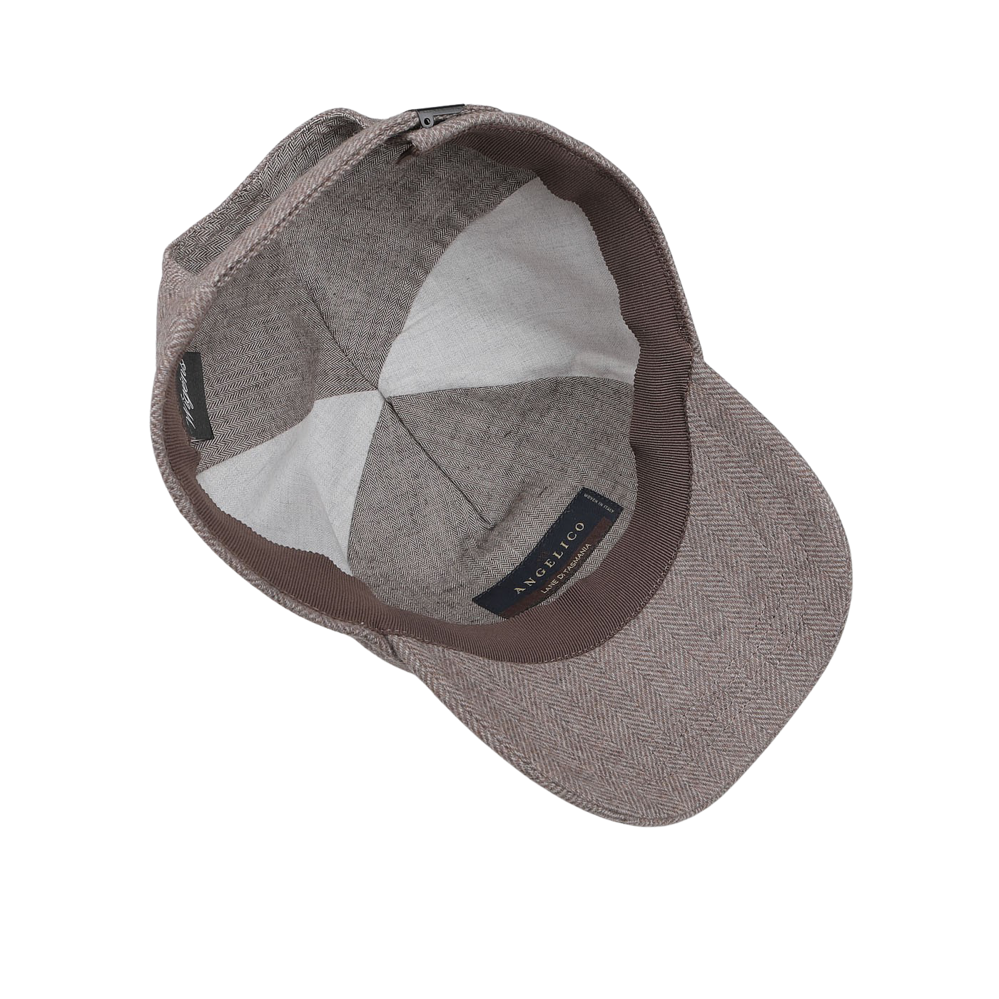 Beige herringbone-pattern baseball cap viewed from above, showcasing the fine Angelico wool interior lining and the brand label "Wigéns" on the inside.