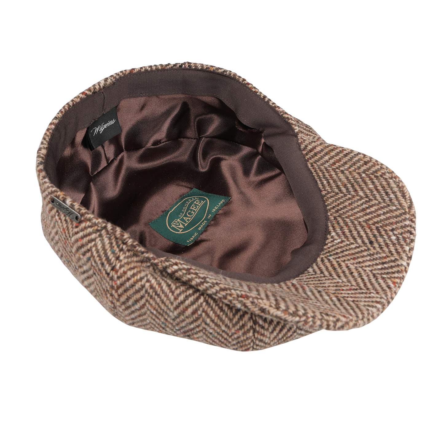 The Beige Magee Herringbone Wool Tweed Newsboy Classic Cap by Wigéns is pictured from above, showcasing its dark brown satin lining with a green label inside.