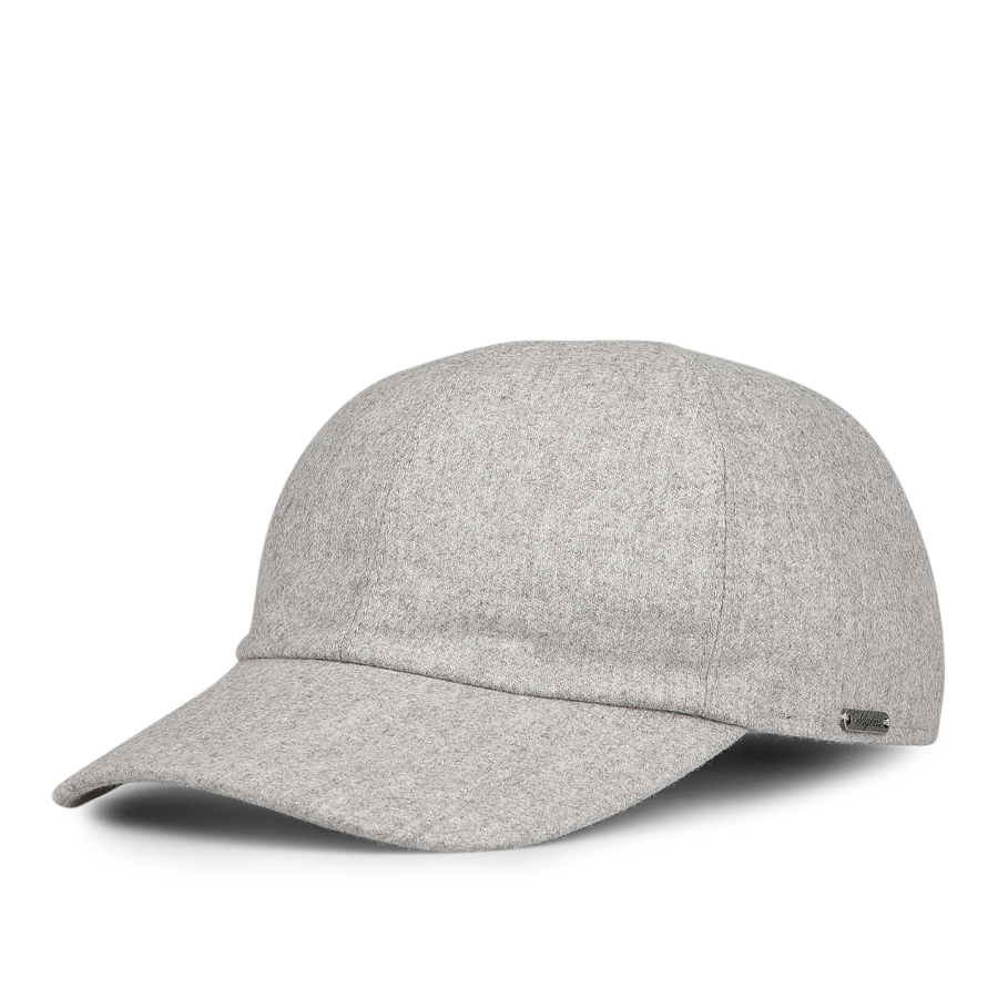 Wigéns Beige VBC Wool Flannel Baseball Cap, featuring a curved brim and a small metallic tag on the side, crafted from 100% pure wool flannel.