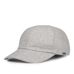 Wigéns Beige VBC Wool Flannel Baseball Cap, featuring a curved brim and a small metallic tag on the side, crafted from 100% pure wool flannel.