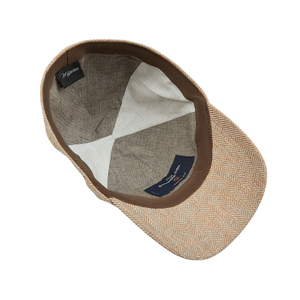 A Beige Herringbone Zegna Wool Linen Silk Wigéns Baseball Cap with a white label on it.