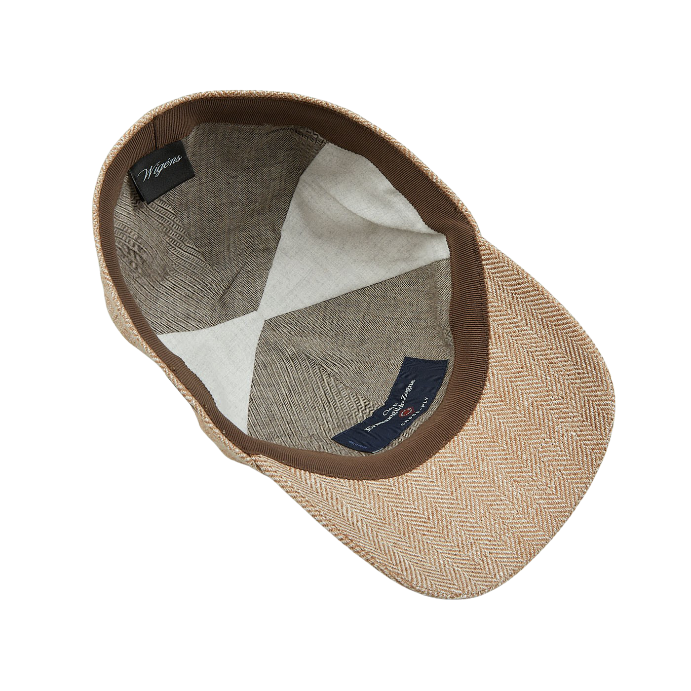 A Beige Herringbone Zegna Wool Linen Silk Wigéns Baseball Cap with a white label on it.