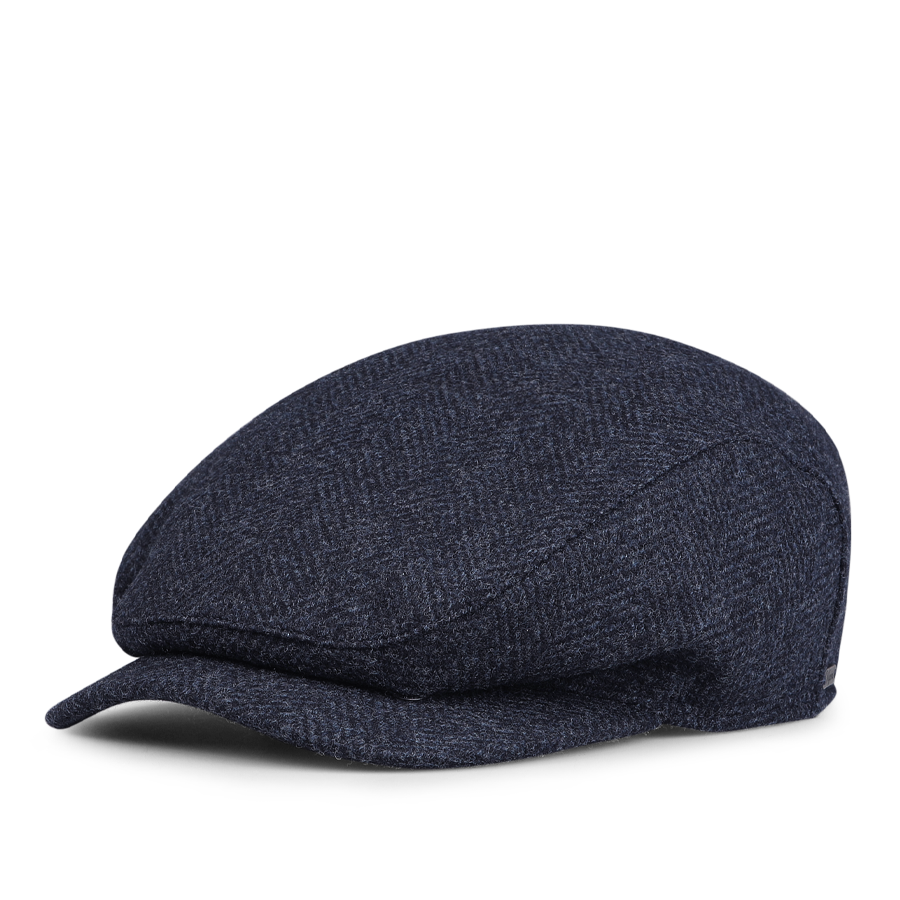 Wigéns' Blue Herringbone Wool Ivy Contemporary Cap features a textured fabric finish and is crafted from pure wool.