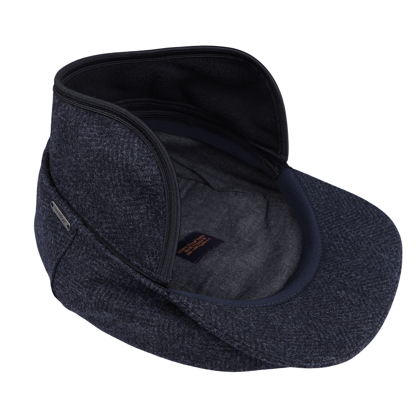 A stylish gray cap, unzipped and crafted from pure wool, featuring an ample brim and showcasing an interior compartment equipped with storm system protection; it’s the Blue Herringbone Wool Ivy Contemporary Cap by Wigéns.