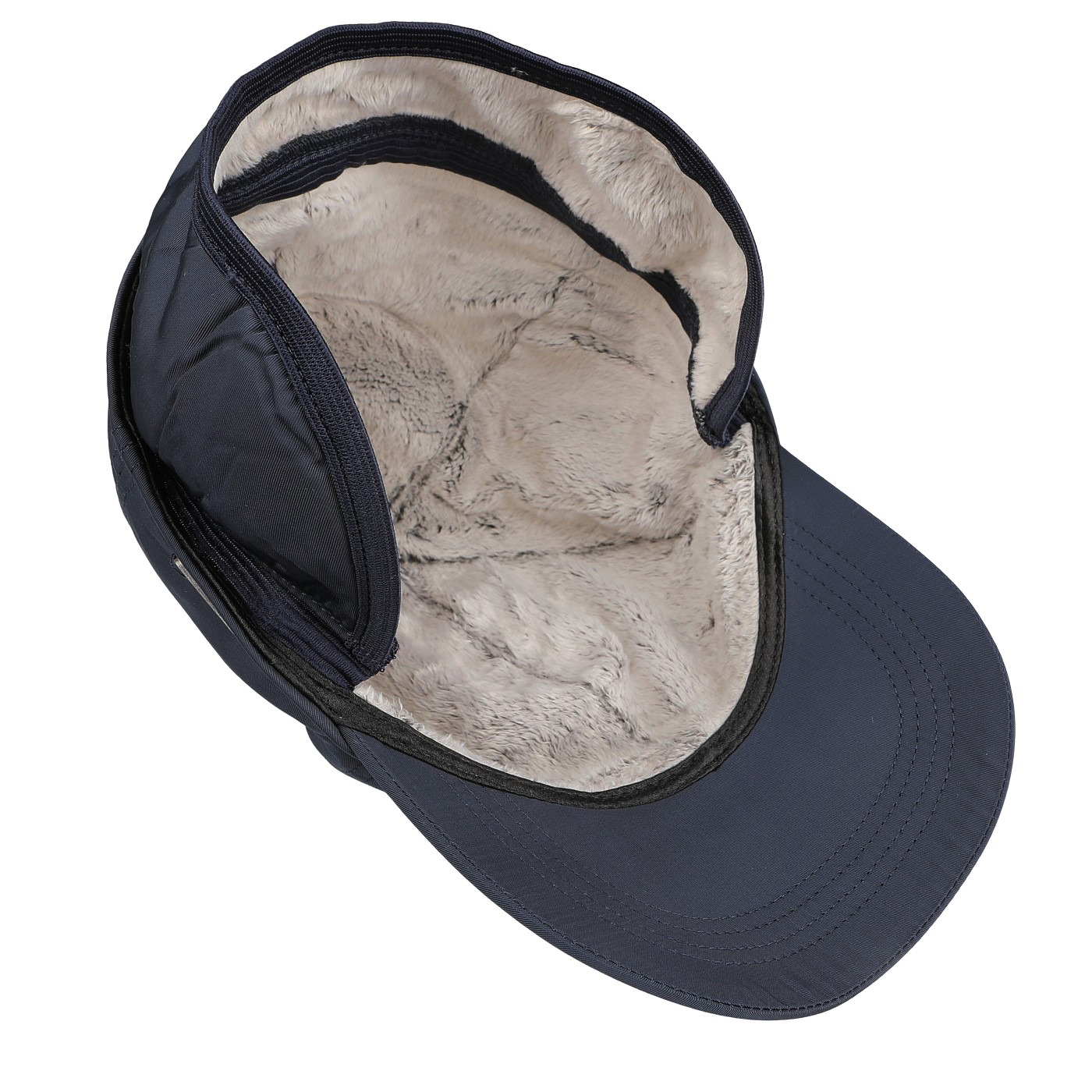 A Wigéns Blue Nylon Fleece Lined Baseball Cap, constructed from technical nylon, showcases a faux fur lining and snug ear coverage, guaranteeing warmth on cold days.