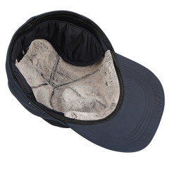 A Wigéns Blue Nylon Fleece Lined Baseball Cap, elegantly designed with plush grey faux fur lining for both durability and style.