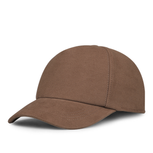 The Brown Cotton Moleskin Baseball Cap by Wigéns, featuring visible stitching and designed with a seasonal flair, is displayed on a white background.