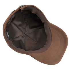 An inside view of the Wigéns Brown Cotton Moleskin Baseball Cap showcases a dark lining and intricate stitching details, expertly crafted with premium materials.