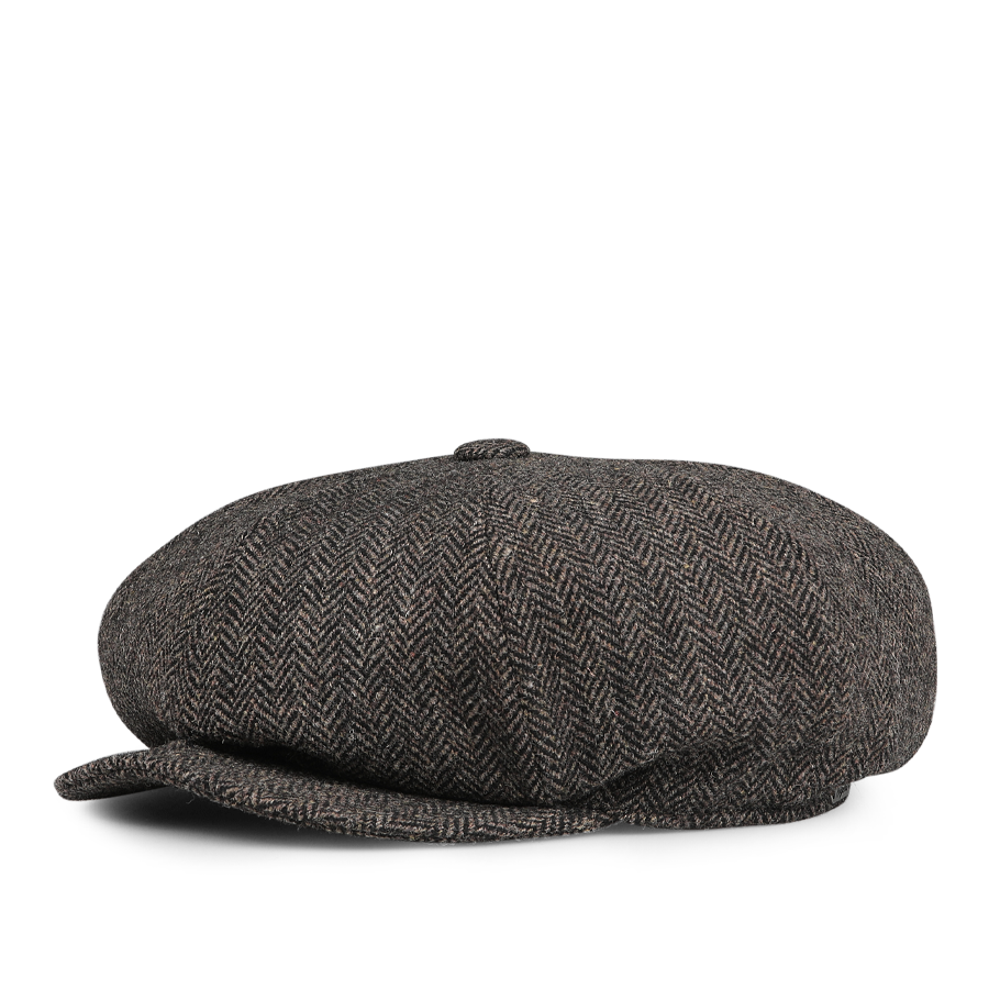 Brown wool tweed Baker Boy cap by Wigéns, featuring a classic herringbone pattern with a short brim and a round crown.