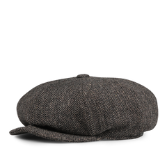 Brown wool tweed Baker Boy cap by Wigéns, featuring a classic herringbone pattern with a short brim and a round crown.