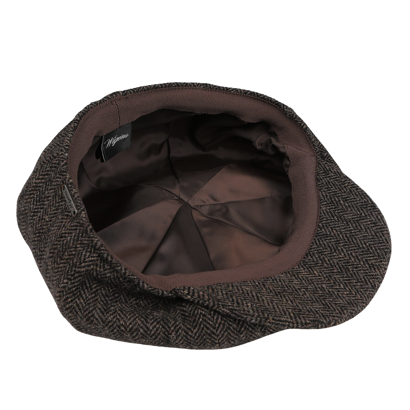 Wigéns Brown Herringbone Wool Tweed Baker Boy Cap, complete with a satin-lined interior, shown upside down.