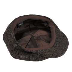 Wigéns Brown Herringbone Wool Tweed Baker Boy Cap, complete with a satin-lined interior, shown upside down.