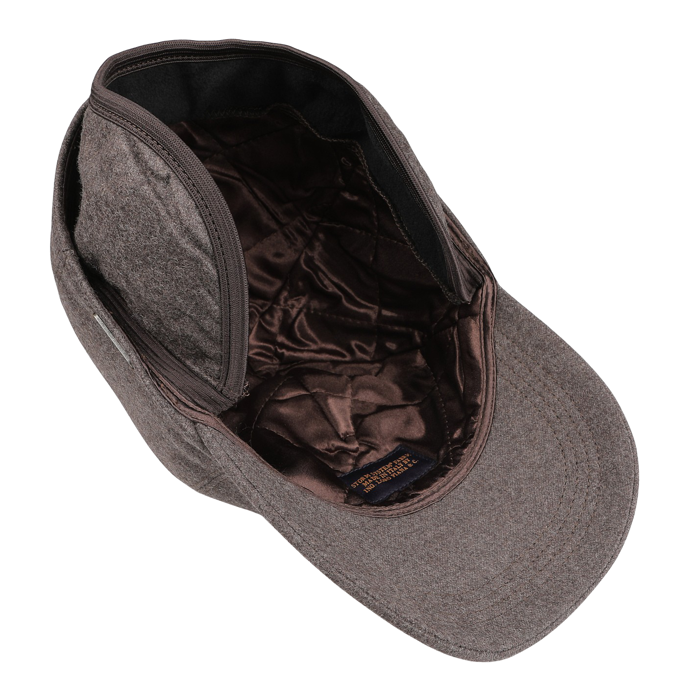 The Brown Loro Piana Wool Cashmere Baseball Cap by Wigéns is crafted from a fine blend of wool and cashmere, featuring a quilted satin lining. Displayed in an open position, it showcases its luxurious interior design, texture, and the added protection of a storm system.