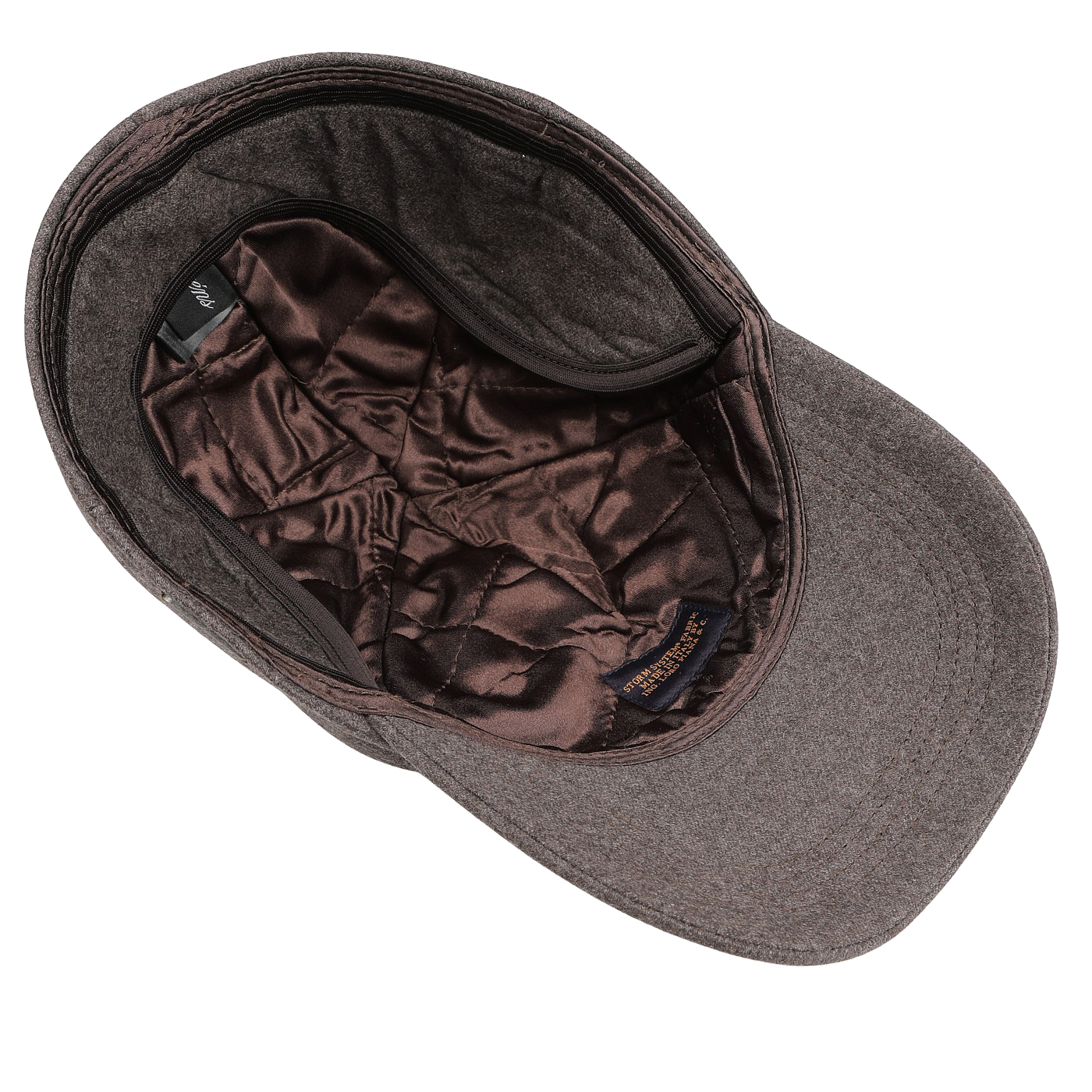 Wigéns' Brown Loro Piana Wool Cashmere Baseball Cap is shown from the inside, highlighting its quilted satin lining and exuding a touch of elegance.