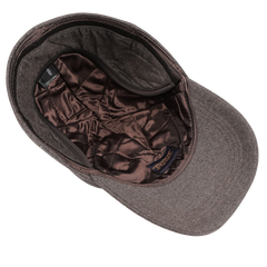 Wigéns' Brown Loro Piana Wool Cashmere Baseball Cap is shown from the inside, highlighting its quilted satin lining and exuding a touch of elegance.