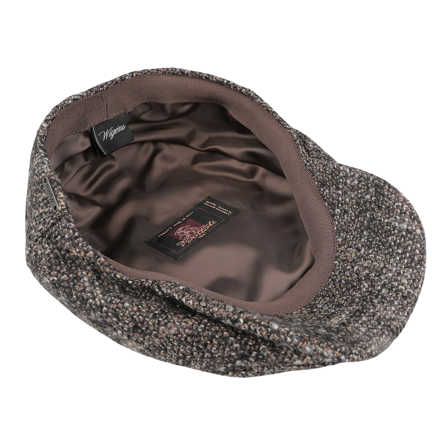 Wigéns presents the Brown Melange Wool Ivy Contemporary Cap, crafted from a wool blend with a satin lining and an inner label.