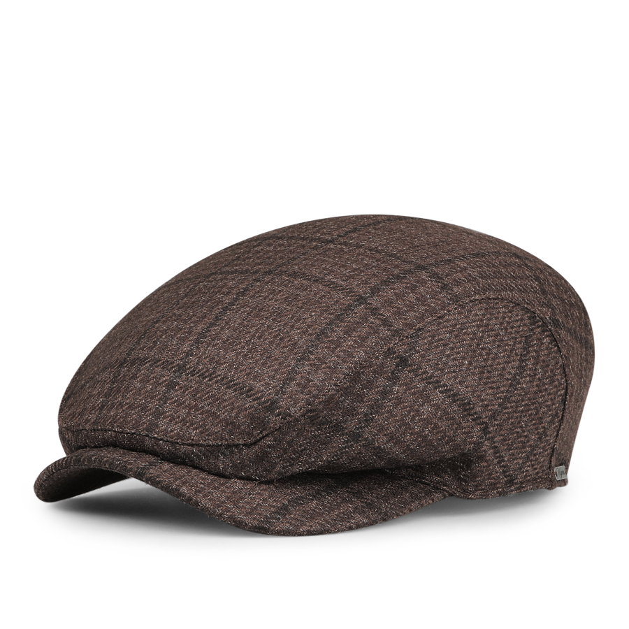 A luxurious Brown Prince of Wales Wool Cashmere Ivy Cap by Wigéns is elegantly displayed on a white background.