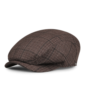 A luxurious Brown Prince of Wales Wool Cashmere Ivy Cap by Wigéns is elegantly displayed on a white background.