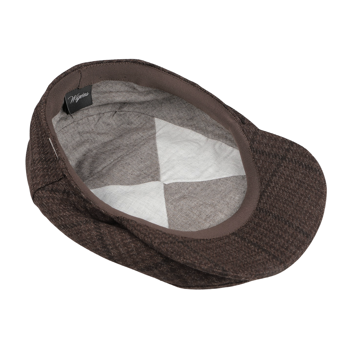 The Wigéns Brown Prince of Wales Wool Cashmere Ivy Cap, crafted from a luxurious wool-cashmere blend and featuring an interior white lining, is displayed upside down on a white surface.