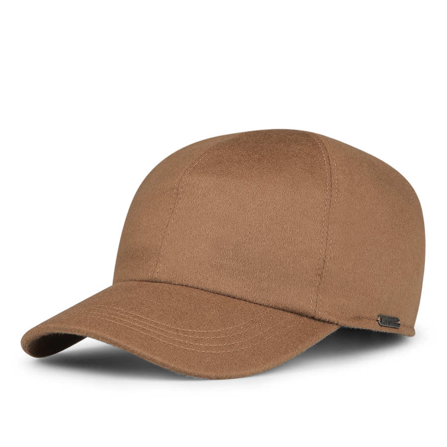 The Camel Loro Piana Cashmere Baseball Cap by Wigéns showcases a brown suede finish with a curved brim and a small metal tag on the side, adding a touch of casual elegance.