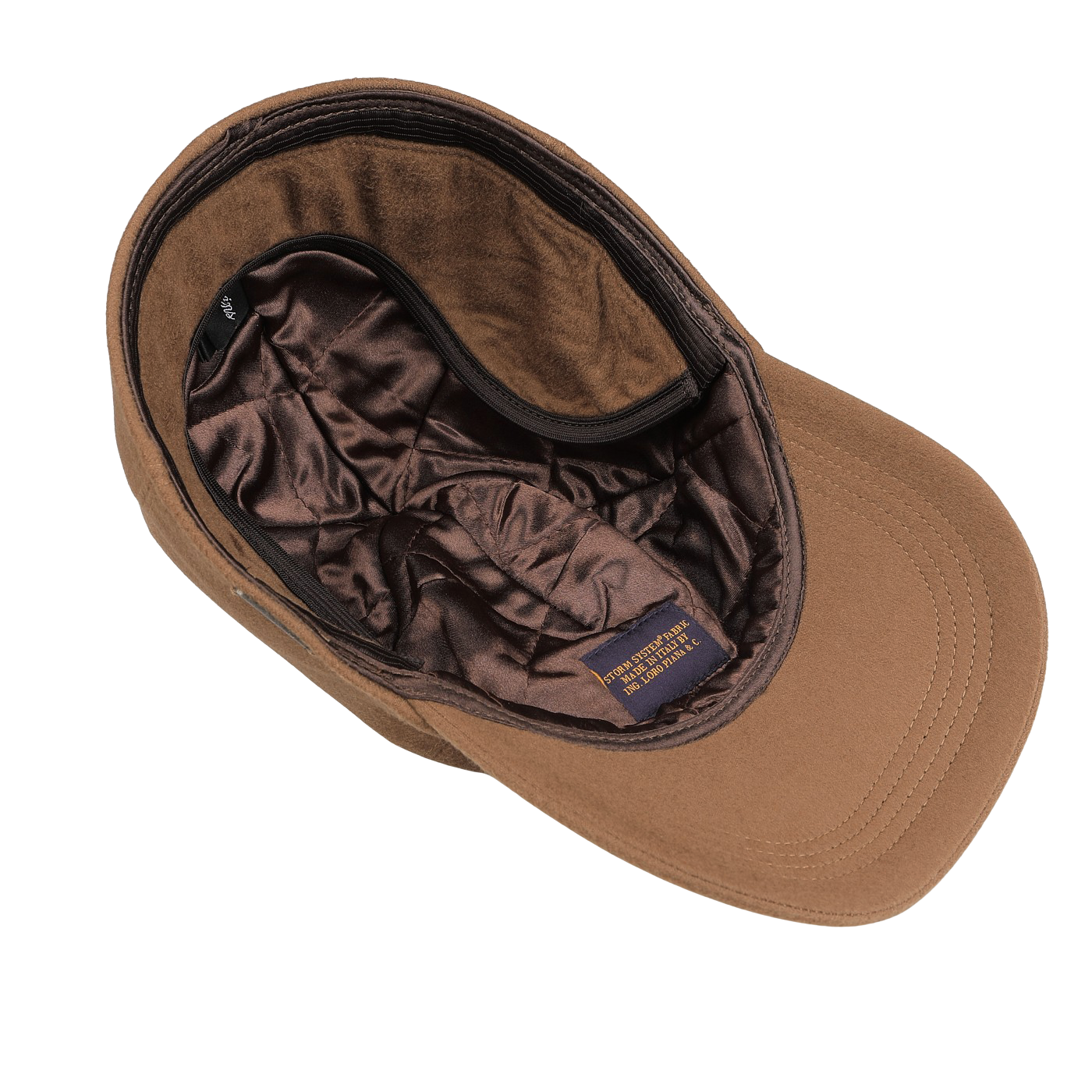 The Camel Loro Piana Cashmere Baseball Cap by Wigéns exudes classic charm with its quilted satin lining and a discreet interior label that reads "Handmade in Great Britain." This luxurious cashmere accessory from the storm system line ensures both style and all-weather comfort.