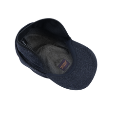 Top view of a Wigéns Dark Blue Herringbone Loro Piana Wool Baseball Cap featuring a grey inner lining, set against a light background.