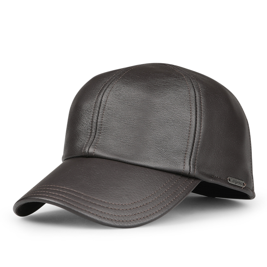 The Wigéns Dark Brown Elk Leather Baseball Cap showcases a distinct design with visible stitching, a curved brim, and practical foldable earflaps for enhanced warmth. It is accented with a small metallic tag on the side.