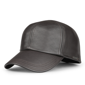 The Wigéns Dark Brown Elk Leather Baseball Cap showcases a distinct design with visible stitching, a curved brim, and practical foldable earflaps for enhanced warmth. It is accented with a small metallic tag on the side.