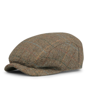 The Green English Checked Tweed Ivy Contemporary Cap by Wigéns is a pure wool flat cap that features a subtle plaid pattern in shades of brown and green, offering timeless style and comfort.