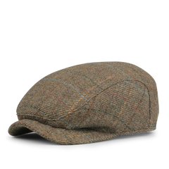 The Green English Checked Tweed Ivy Contemporary Cap by Wigéns is a pure wool flat cap that features a subtle plaid pattern in shades of brown and green, offering timeless style and comfort.