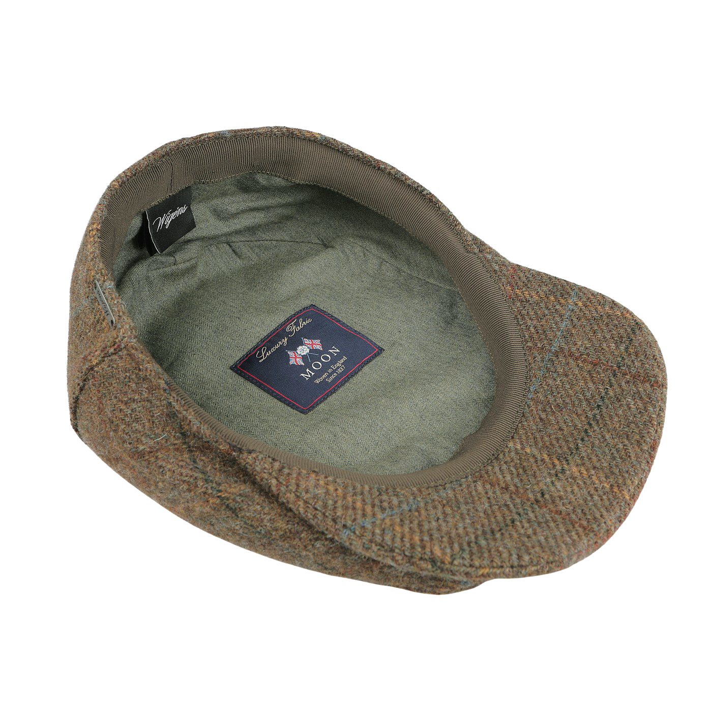 Green English Checked Tweed Ivy Contemporary Cap by Wigéns, made from pure wool tweed with a satin lining and finished with a blue branded Wigéns label inside.