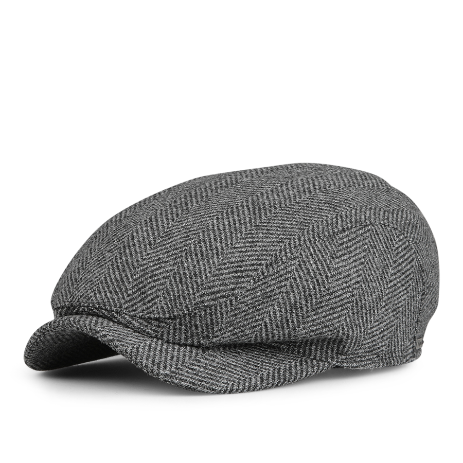 The Grey Herringbone Wool Ivy Contemporary Cap by Wigéns features a short brim and a rounded crown, crafted from pure virgin wool.