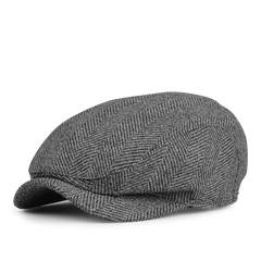 The Grey Herringbone Wool Ivy Contemporary Cap by Wigéns features a short brim and a rounded crown, crafted from pure virgin wool.