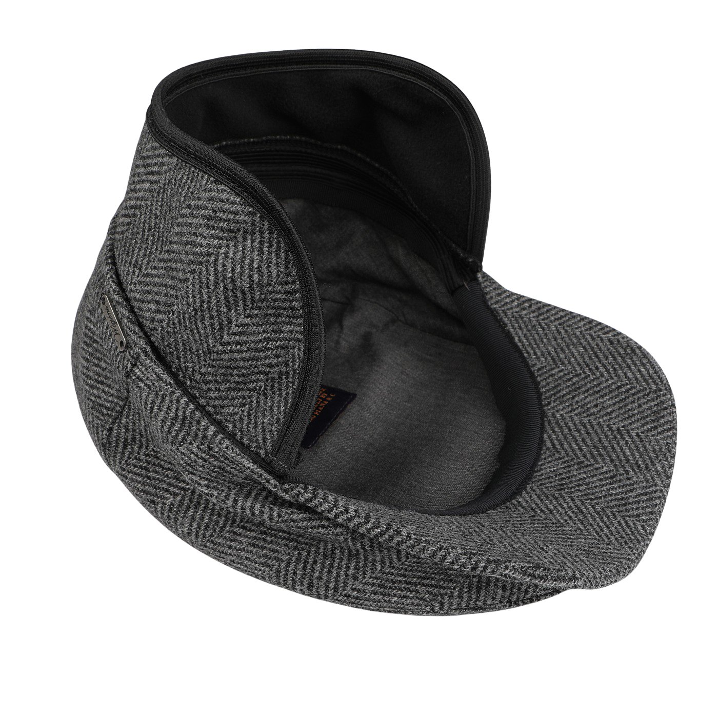 The Grey Herringbone Wool Ivy Contemporary Cap by Wigéns is made from pure virgin wool and includes a distinctive zippered storage compartment inside the crown.