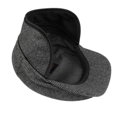 The Grey Herringbone Wool Ivy Contemporary Cap by Wigéns is made from pure virgin wool and includes a distinctive zippered storage compartment inside the crown.