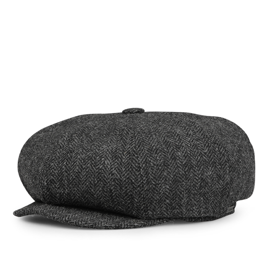 Wigéns' Grey Herringbone Wool Tweed Baker Boy Cap features a short, curved brim and a button on top.