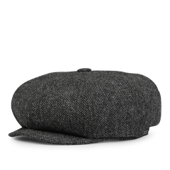 Wigéns' Grey Herringbone Wool Tweed Baker Boy Cap features a short, curved brim and a button on top.