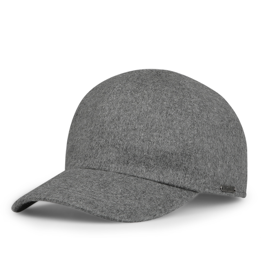 Introducing the Wigéns Grey Loro Piana Cashmere Baseball Cap, a stylish cap constructed from cashmere, complete with a curved brim and adorned with a subtle metallic logo on the side.