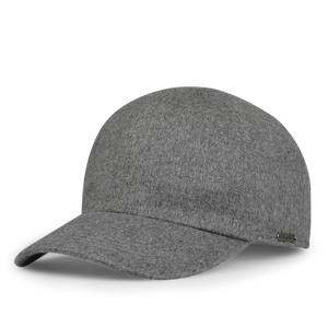 Introducing the Wigéns Grey Loro Piana Cashmere Baseball Cap, a stylish cap constructed from cashmere, complete with a curved brim and adorned with a subtle metallic logo on the side.