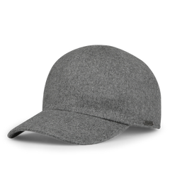 Introducing the Wigéns Grey Loro Piana Cashmere Baseball Cap, a stylish cap constructed from cashmere, complete with a curved brim and adorned with a subtle metallic logo on the side.