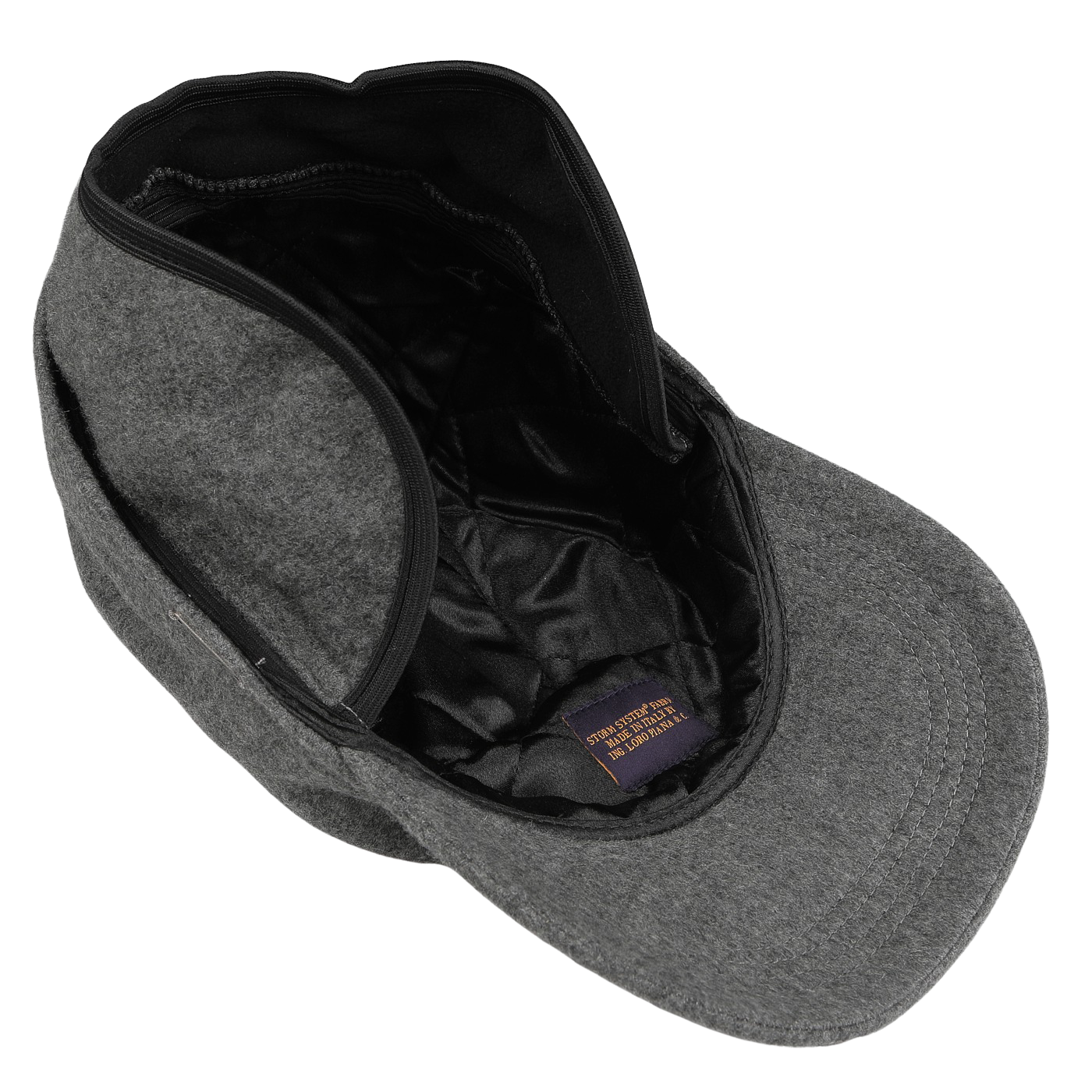 A Grey Loro Piana Cashmere Baseball Cap from Wigéns, showcasing Storm System technology with a black lining and a visible inside tag.