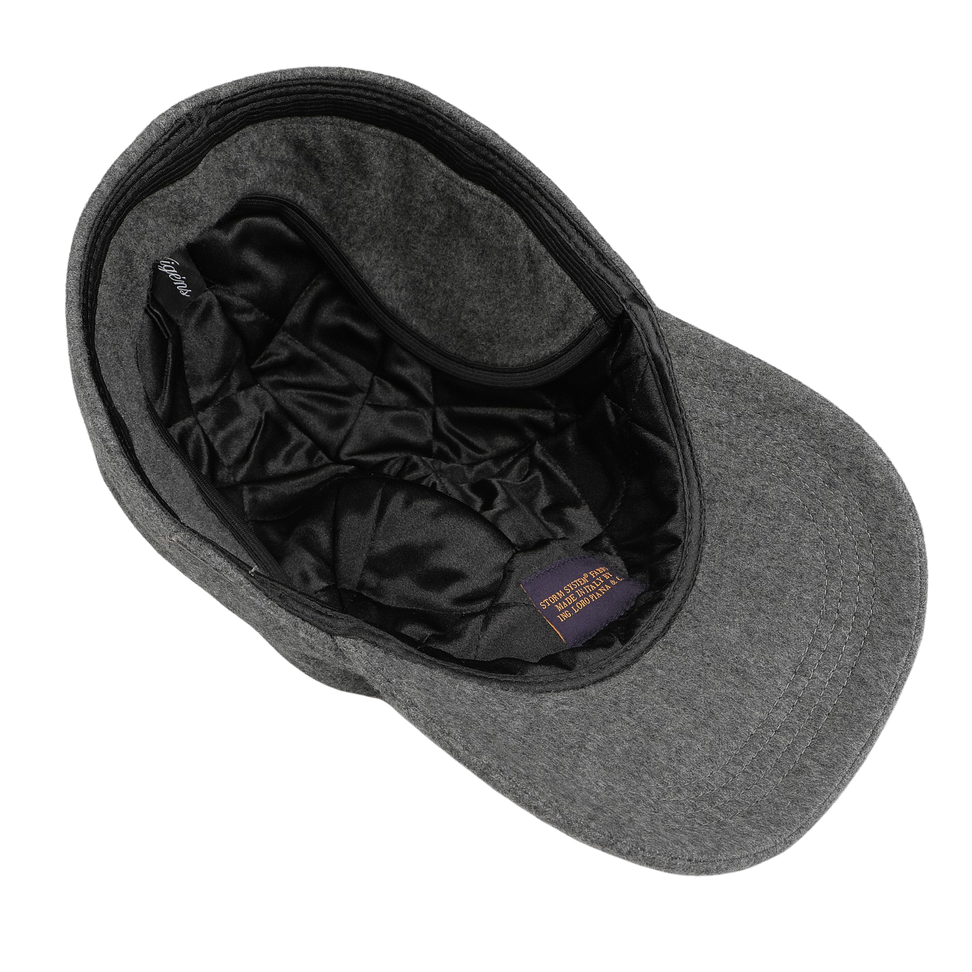 A Grey Loro Piana Cashmere Baseball Cap from Wigéns is showcased from above, emphasizing the black interior lining and text label, crafted with a cashmere woven blend.