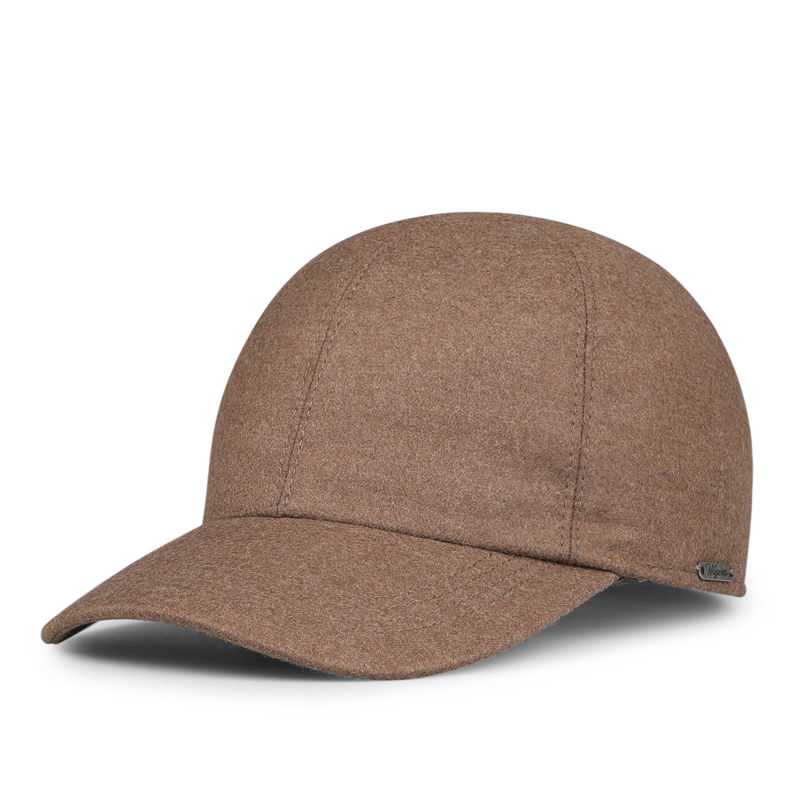 The Light Brown Loro Piana Wool Cashmere Baseball Cap by Wigéns features a curved brim, a small metal tag on the side, and a warm foldable flap, offering versatile style.