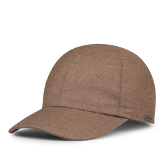 The Light Brown Loro Piana Wool Cashmere Baseball Cap by Wigéns features a curved brim, a small metal tag on the side, and a warm foldable flap, offering versatile style.