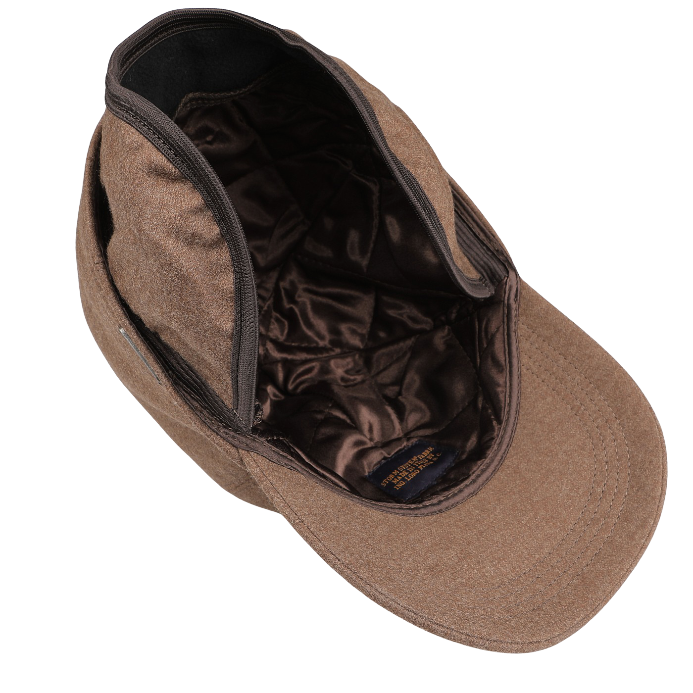 The Light Brown Loro Piana Wool Cashmere Baseball Cap by Wigéns boasts an open top lined with dark quilted fabric, a visible interior label, and a cozy foldable flap. Expertly crafted using the Loro Piana Storm System, it offers exceptional comfort.